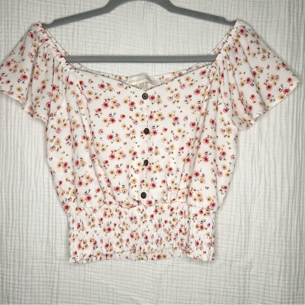 NWOT Womens Ivory Floral Flutter Sleeve Smock Waist CROP TOP Boho Cottagecore-M